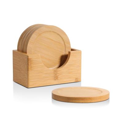 China Sustainable Natural Round Acacia Wooden Tea Coffee Mug Bamboo Rustic Wooden Coaster Set With Stand For Drinks for sale