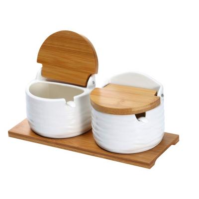 China 2022 Luxury New Design Ceramic Bowl with Lids and Condiment Container with Bamboo Lids Spice Pots Set for sale