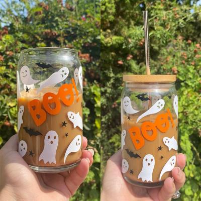 China 16oz 500ml Eco-friendly Big Borosilicate Beer Can Drinking Glass Reusable Modern Cola Beer Can With Lid Bamboo Straw for sale