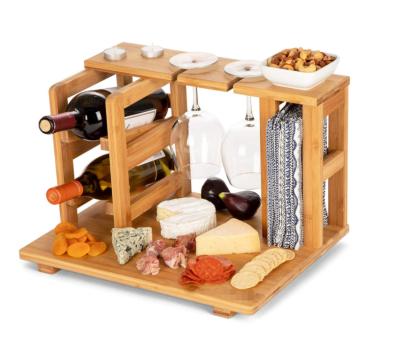 China Customized Unique Viable Bamboo Wooden Wine Cheese Rack Wine Trolley Rack Stand Wine Cheese Board with Glass Rack for sale