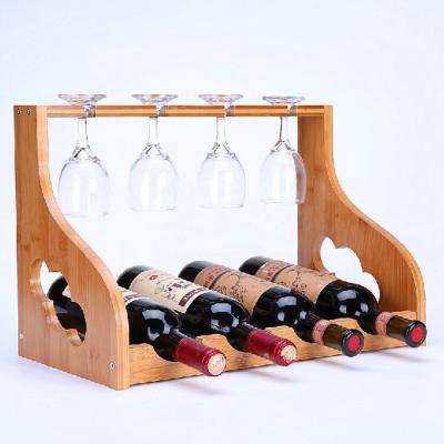 China Sustainable Portable Bamboo Glass Wine Holder Wine Racks Decorative Wine Rack With Handle for sale