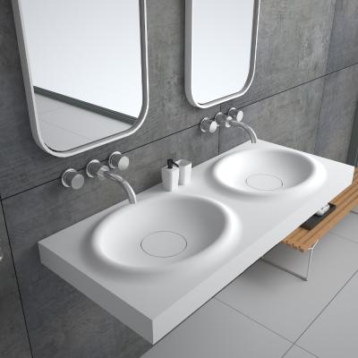 China New Design SM-8421 Stone Stain-resistant Resin Hanging Bathroom Sinks With Two Faucets Double Wash Basin Sink for sale