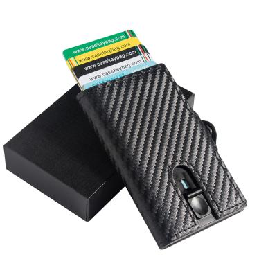 China Casekey RFID PU Carbon Fiber Leather Slim Minimalist Wallet Fashion Men's Metal RFID Blocking Card Holder for sale