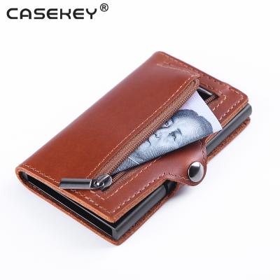 China Custom Minimalist Luxury Genuine Leather Aluminum Foil Wallet RF Card For Man Slide Pop Up Credit Card Holder Wallet With Coin Purse for sale