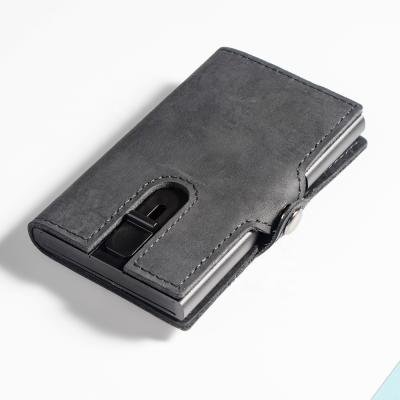 China RFID Blocking Aluminum Genuine Leather Card Holder Rfid Wallet RFID Blocking Minimalist Wallet Automatic Noise Up Credit Cards Case for sale