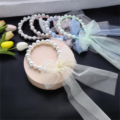 China Mesh With Pearl Headband Women Solid Color Lace Headband Korean Fashion Hair Decoration New Hair Accessories Lace Up Bow Hair Band for sale