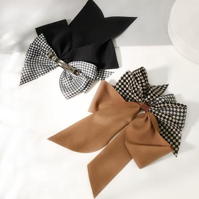 China Wholesale Fashion Hair Ponytail Spring Sling Tartan Design And Satin Face Bow Big Hair Clips Hair Accessories Clips for sale