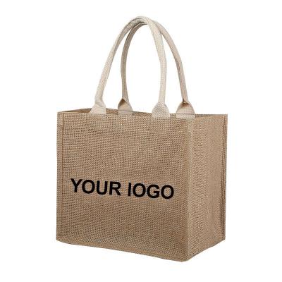 China Wholesale 100kg Recycled Beach Jute Shopping Tote Burlap Jute Bags With Custom Handle for sale