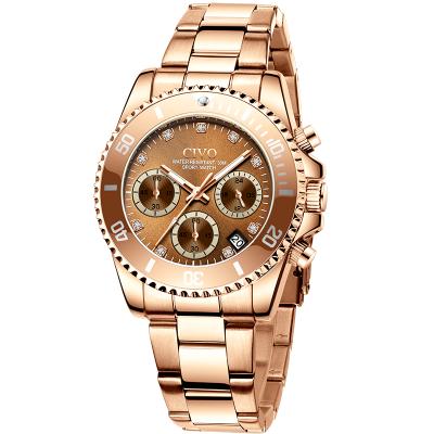 China Chronograph Customized Stainless Steel Band Chronograph Wrist Civo Madame For Gift Coffee Quartz Gold Watches for sale