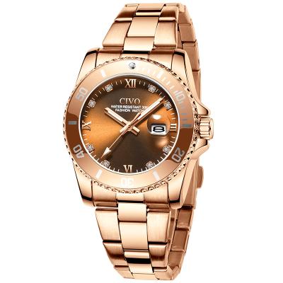 China Civo Top Fashion Wrist Lady Waterproof Coffee Gold Dial Stainless Steel Band Liters Day/Date Watches for sale