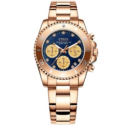 China Wholesale CIVO Women's Chronograph Business Blue Dial Coffee Gold Stainless Steel Belt Waterproof Quartz Watches for sale