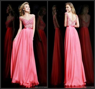 China Flower Applique Hollow Chiffon Deep V Neck Prom Dresses Sleeveless in Pink , Blue for sale