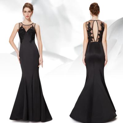 China Mermaid Satin Sheer Back Prom Dresses / Full Length Lace Applique Dress for sale