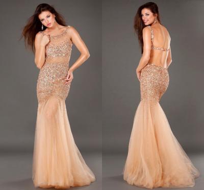 China Crew Neck Open Back Evening Dresses Sequins Rhinestone Full Length Prom Dress for sale