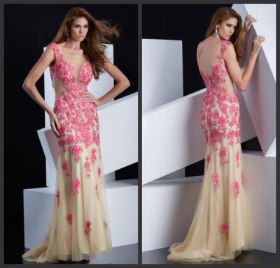 China Flower Applique Sheer Tulle Long Womens Prom Dresses with Crew Neck / Beaded Sequins for sale