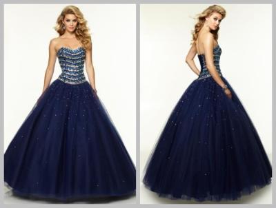 China Dark Blue Tulle Beaded Princess Quinceanera Dresses with Sweetheart Neckline for sale