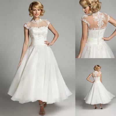 China Sheer High Neck Organza Wedding Dresses Ankle Length Bridal Ball Gowns for sale