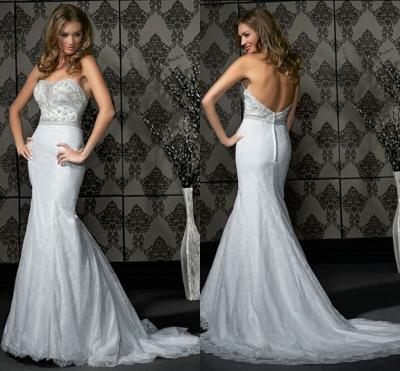 China Mermaid Long Train Strapless Wedding Gowns Lace Backless Evening Dresses for sale