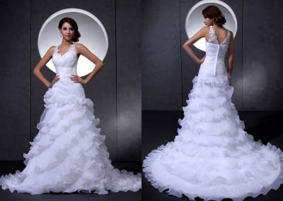 China White V Neck Beaded Flowers Organza Wedding Dresses with Court Train for sale