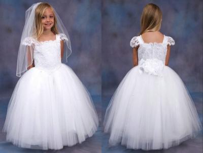 China Square Capped Sleeve Unique Flower Girl Dresses Long Tulle Lace Ball Gown for sale