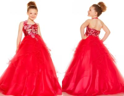 China Red Floor Length Tulle Halter Little Girl Pageant Dresses With Beaded Flowers for sale