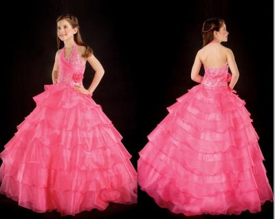 China Pink Halter Ball Gown Ruched Little Girls Beauty Pageant Dresses Floor Length for sale