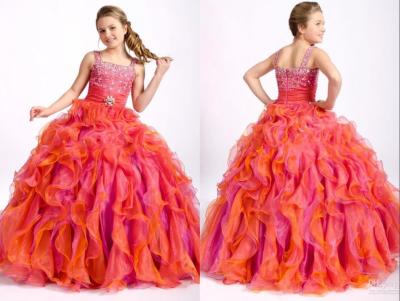 China Floor Length Spaghetti Strap Little Girl Pageant Dresses with Beaded Cascading Ruffles for sale