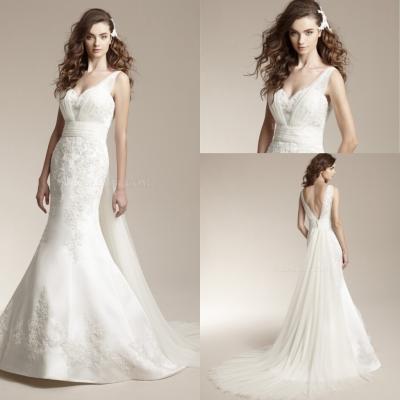 China V-neck Satin Wedding Dresses for Ladies , Ruffled Bridal Dresses for sale