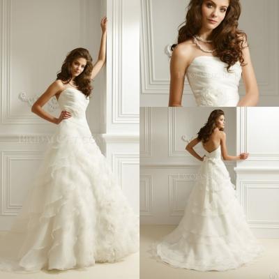 China A line Strapless Organza Wedding Dresses Cascading Ruffles for sale