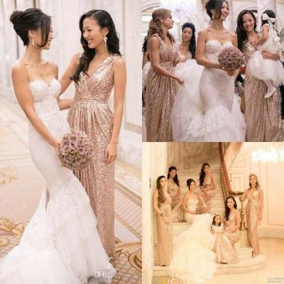 China Sexy A Line Bridesmaid Wedding Dresses / V Neck Shiny Sequins Evening Dresses for sale