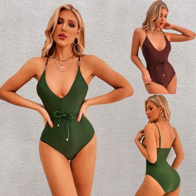 China 2022 breathable European and women's one-piece swimsuit solid color V-neck strapless American seaside sexy one-piece vacation swimsuit for sale