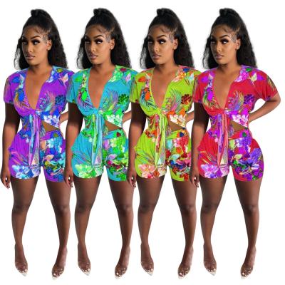 China Others 2021 Latest Color Tropical Flower Print Tops And Shorts Ladies Summer Casual One Piece Jumpsuit for sale