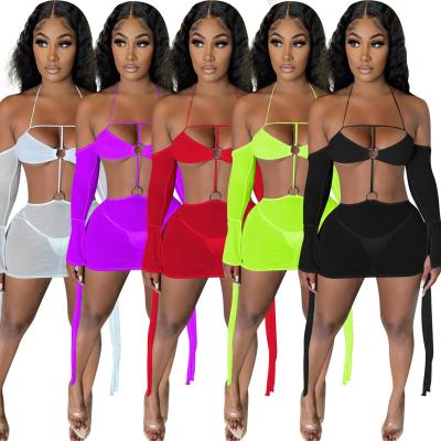 China 2021 Fashion Solid Color Women Mesh Perspective Sling Halter Neck Long Sleeve Mini Skirt Pajama Dress Sexy Club Wear for sale