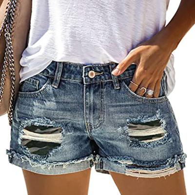 China New Fashion Women Denim Office Shorts Lady Mid Waist Straight Summer Female Casual Anti-Static Shorts Leopard Camouflage Patch Ripped Jeans for sale