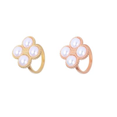 China Hot Selling Vintage Retro/Simple Rose Gold Plated Fashion Jewelry TB Trend Jewelry Pearl Four Petal Shape Ring Gold Rings for sale