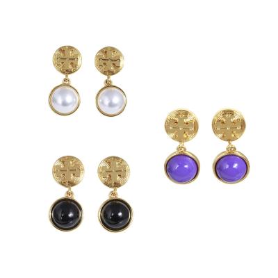 China Polupar Fashion Design TB Vintage Logo Inlaid Pearl Gemstone Earrings Elegant Brass Gold Plated Earring Jewelry for sale