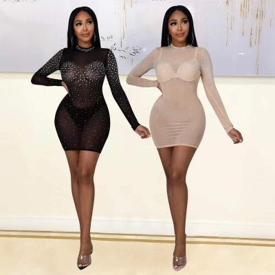 China 2022 new autumn and winter women's mesh mesh dress sexy hot drill nightclub Anti-wrinkle long sleeve dress for sale