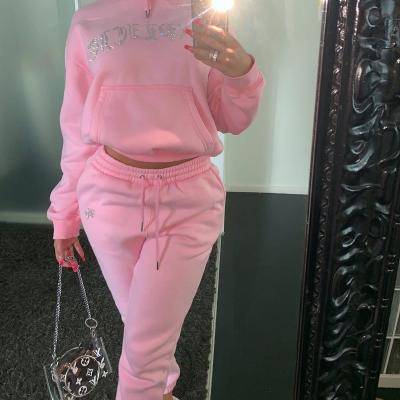 China Anti-wrinkle Unsex Rhinestones Sweatsuit Plus Size Pink Hot Sale Custom Design Women Plain Set Jogging Sweat Suits for sale