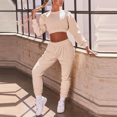 China Anti-wrinkle Crop Top Women Sportswear Cotton Spandex Material Jogging  Sports Jogger Sweat track Suit Tracksuit Set For women for sale