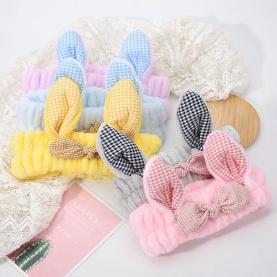 China Lafite Grass Hair Band For Girls 2021 Autumn And Winter Fluffy Rabbit Ears Headband Bow Hair Accessories Plush Face Wash Coral Headband for sale