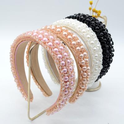 China Fashionable Wholesale Stock Vintage Rhinestone Hand Made Pearl Embellished Luxury Baroque Design Headband Crystal Hair Bands For Girls for sale