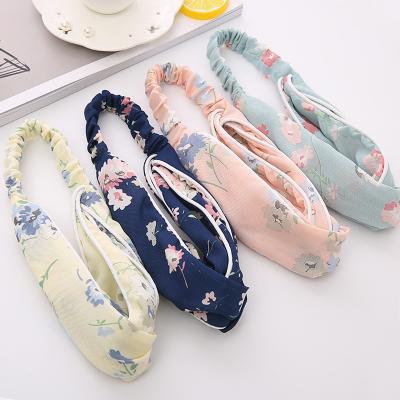 China Fashionable New Style Hot Wholesale Hit 2021 Chiffon Floral Clip Band Retro Cartilaginous Edge Printing Hair Band for sale