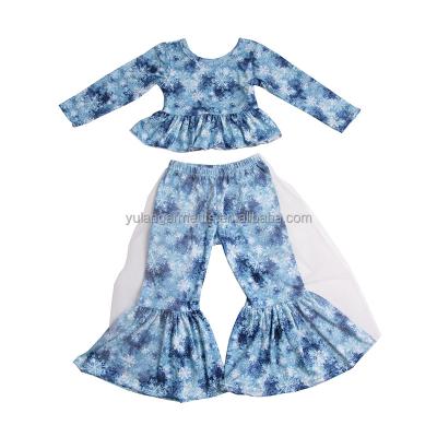 China Casual Christmas Snow Printed Kids Girl Clothing Sets Tops With Matching Bell Bottoms 2 Piece Clothing Sets for sale