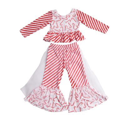 China Casual Kids Girl Two Piece Clothes Sets For Christmas Red Stripe Pattern Top With Matching Bell Bottom Outfits for sale