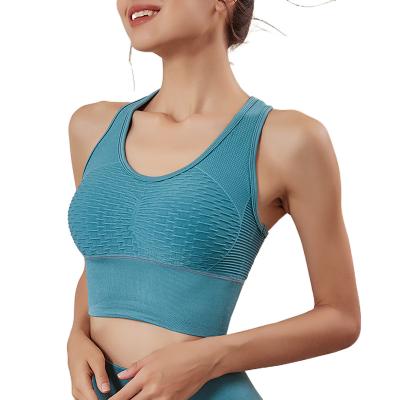 China 2022 Sustainable European and American Cotton Seersucker Seamless Knitted High Elastic One Piece Yoga Clothes Women's Fitness Vest Running Top for sale