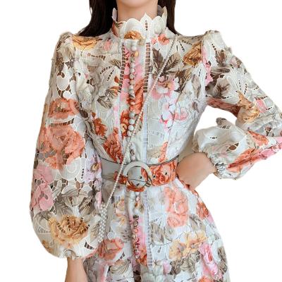 China Early Sustainable Spring 2022 Embroidery Hollow Sleeve Dress Floral Hollow-out Stand Collar Sheaths Long High Waist Dress Skirt for sale