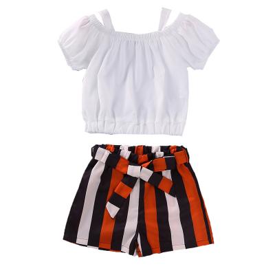 China Wholesale two-piece 2022 Korean new style girls' suit short sleeve shorts clothing set popular children's striped strappy style foreign trade set for sale