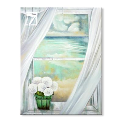 China Modern Exterior Painting Teal Blue Stretched Oil Painting Window Landscape Canvas For Home Decoration for sale