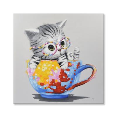 China Cat Hand-Painted Painting Animals Modern Colorful Artwork Cute Kitty Picture Stretched Frame for sale