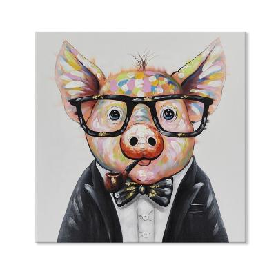 China Modern hand-painted smart pig canvas artwork painting animal pig house decorative for sale